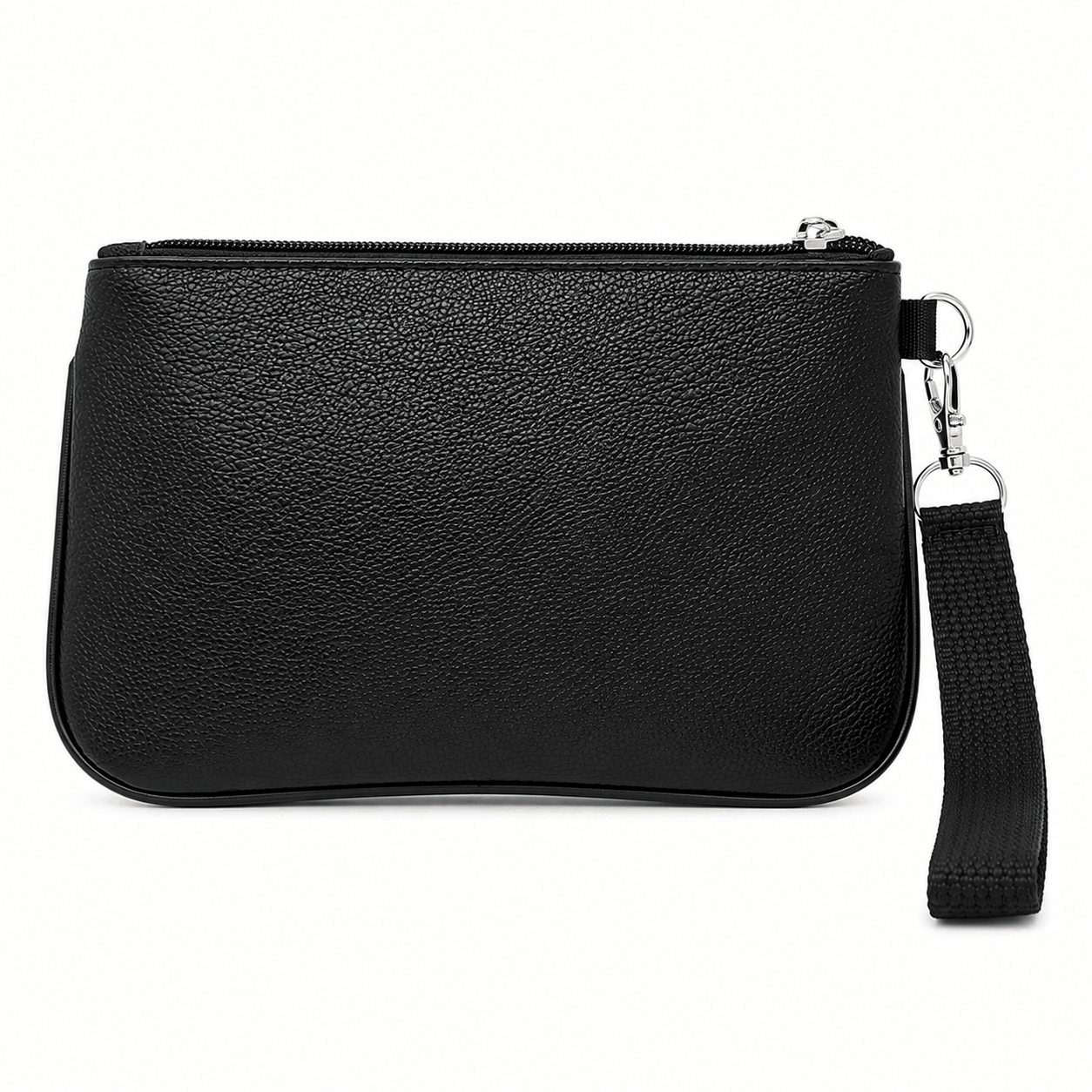 Back view of a black alien wristlet showing the smooth vinyl exterior and detachable wrist strap.