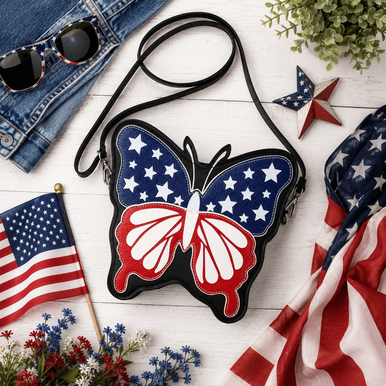 Flat lay of an American flag butterfly crossbody bag with patriotic summer accessories
