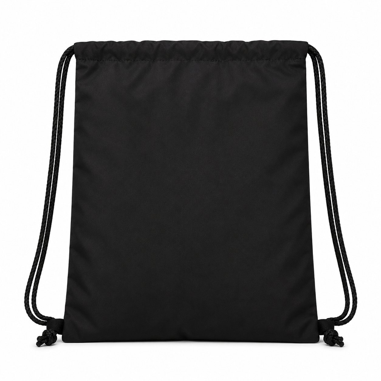 Solid black back of the American Flag Drawstring Bag with black shoulder cords