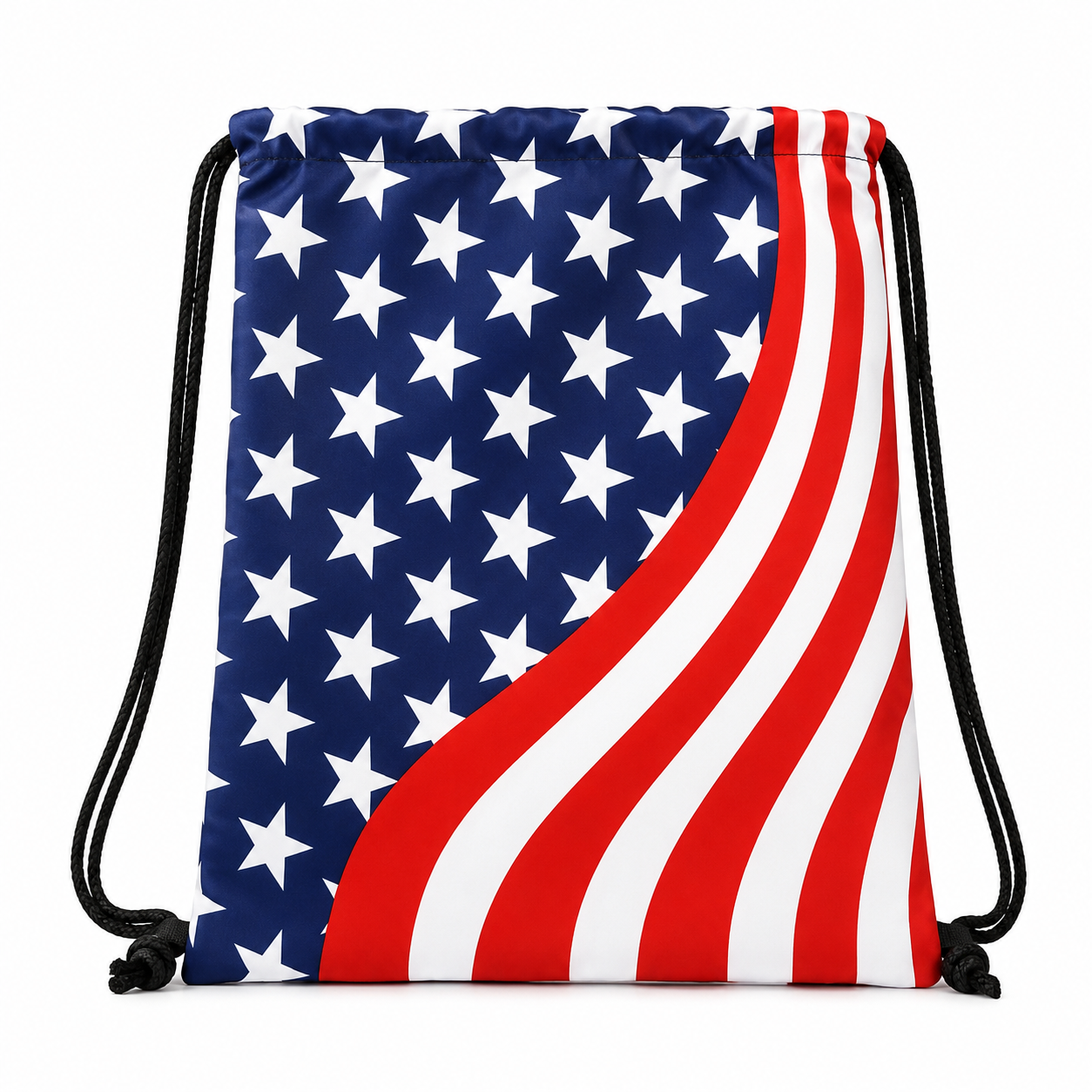 American Flag Drawstring Bag with red and white stripes, white stars, and black cords