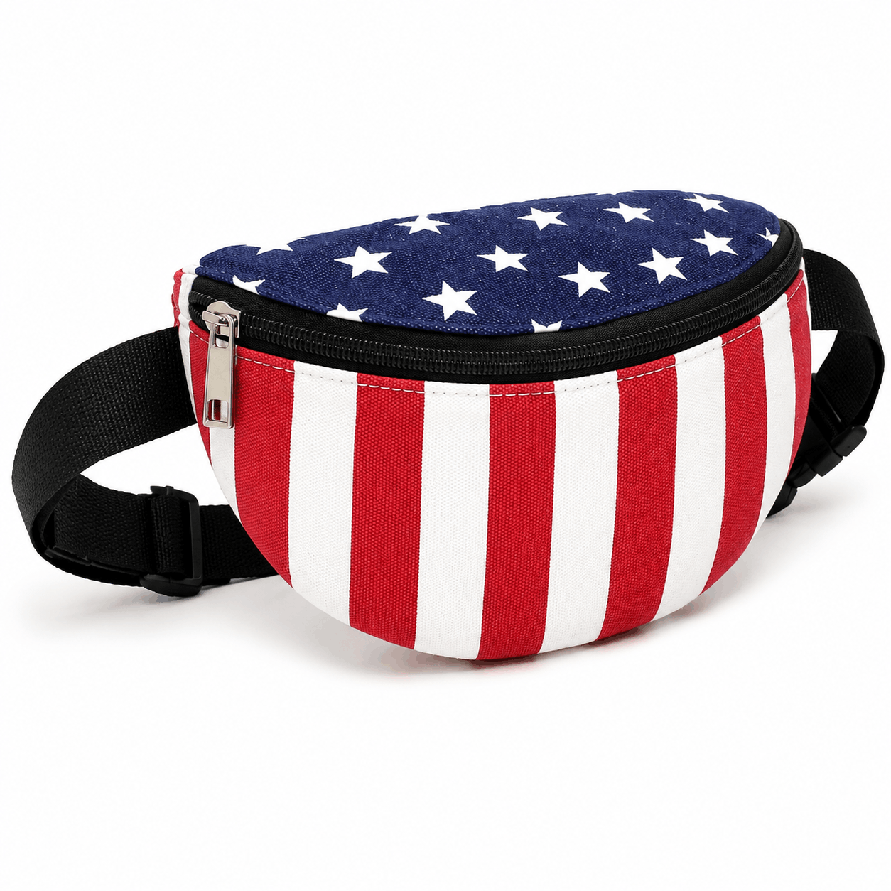 Angled view of the American Flag Fanny Pack showing the stars-and-stripes canvas design, zipper, and adjustable waist strap.