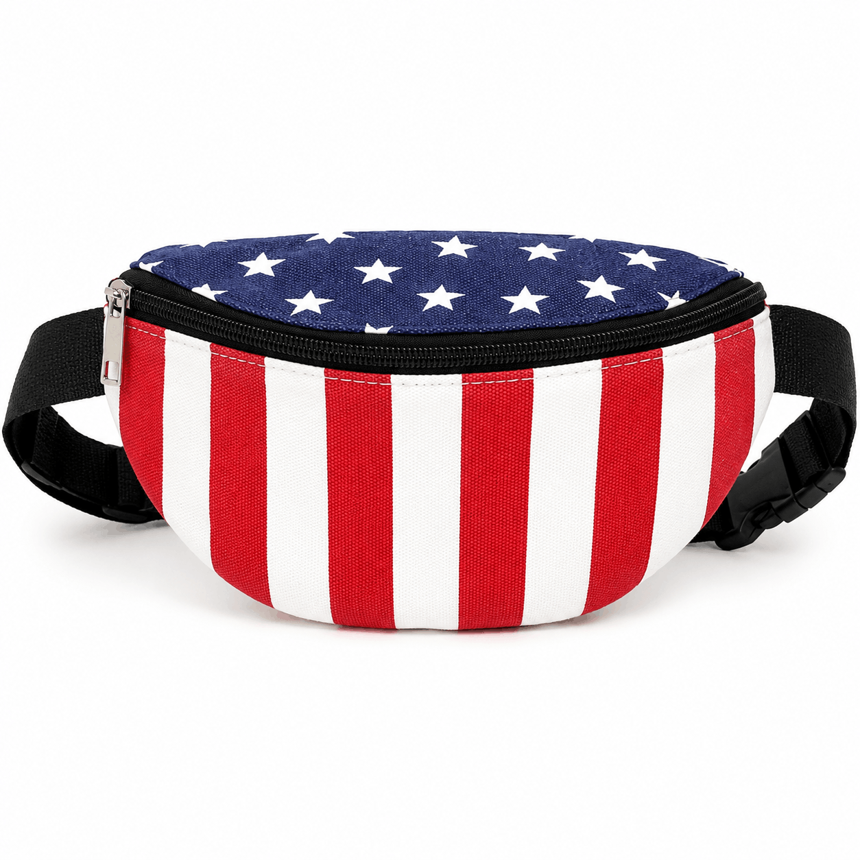 American Flag Fanny Pack front view featuring red and white stripes, blue stars, black adjustable strap, and zippered main compartment.