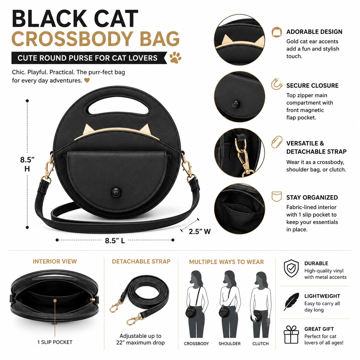 Product infographic showing dimensions and features of the black cat crossbody bag