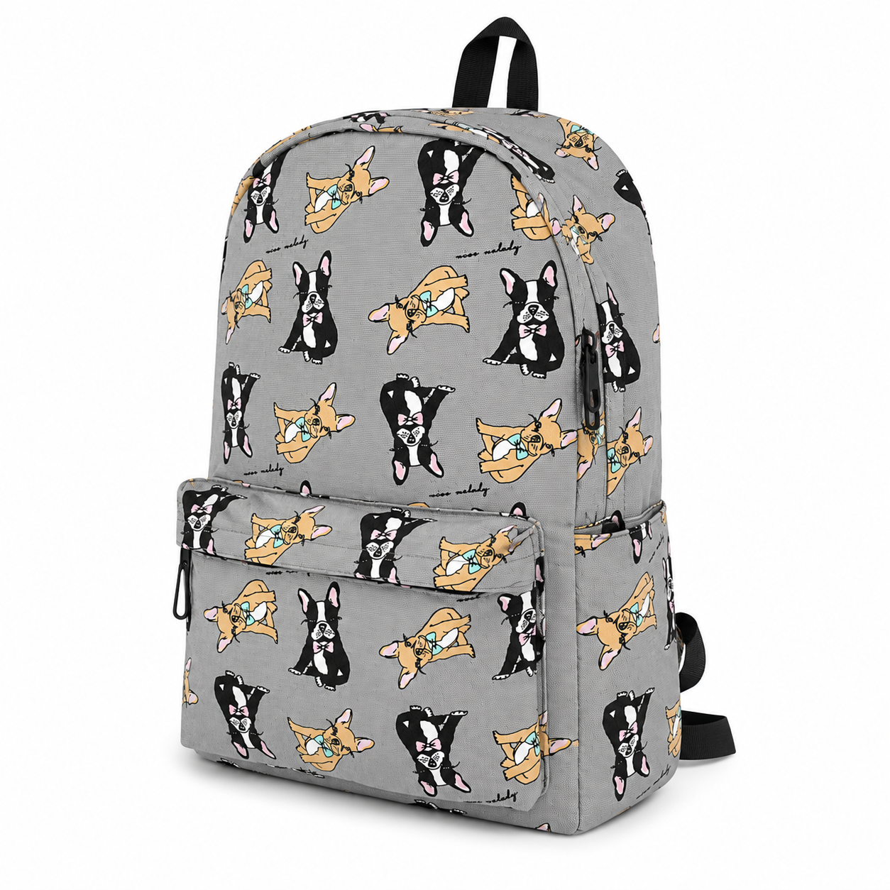 Boston Terrier canvas backpack shown at a 45-degree angle