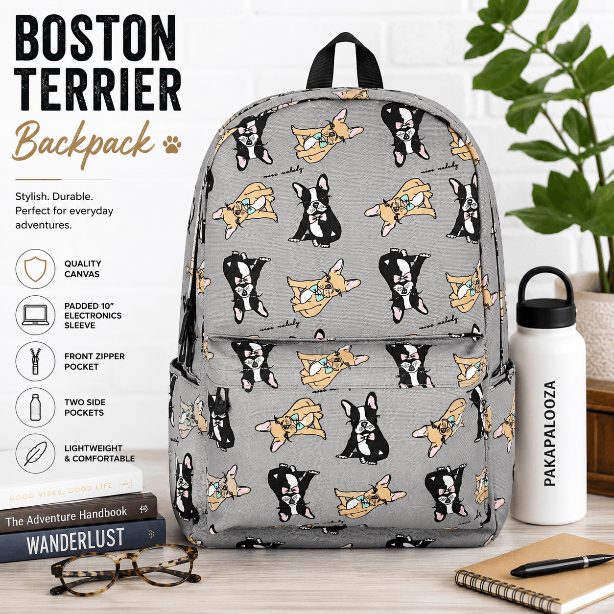 Boston Terrier backpack features including canvas construction, padded sleeve, front pocket, and side pockets