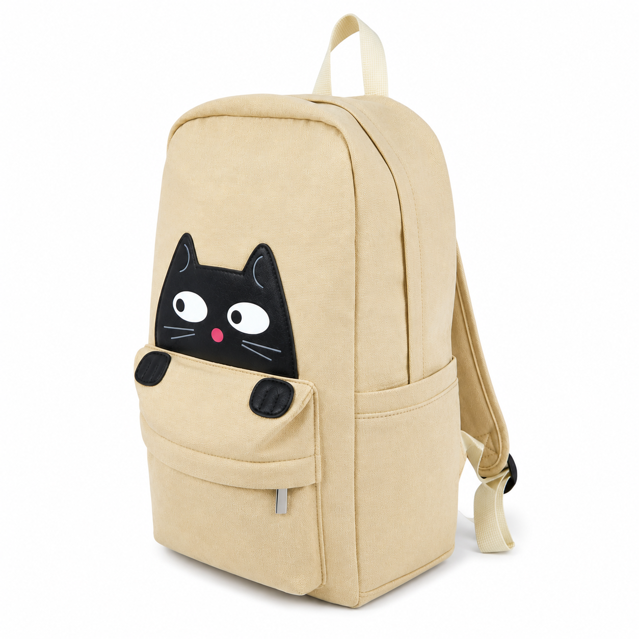 Beige Cat Canvas School & Travel Backpack featuring a black cat applique shown at a 45-degree angle.