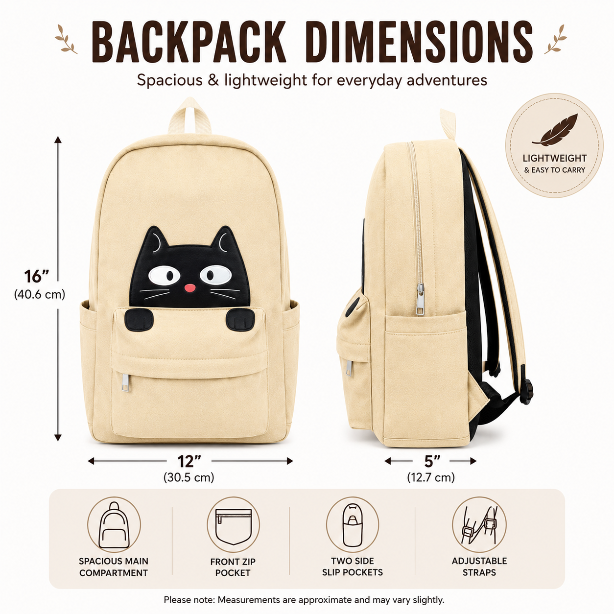 Dimensions infographic for the Cat Canvas School & Travel Backpack showing 12 × 5 × 16 inch size, front and side views, adjustable straps, and storage features.