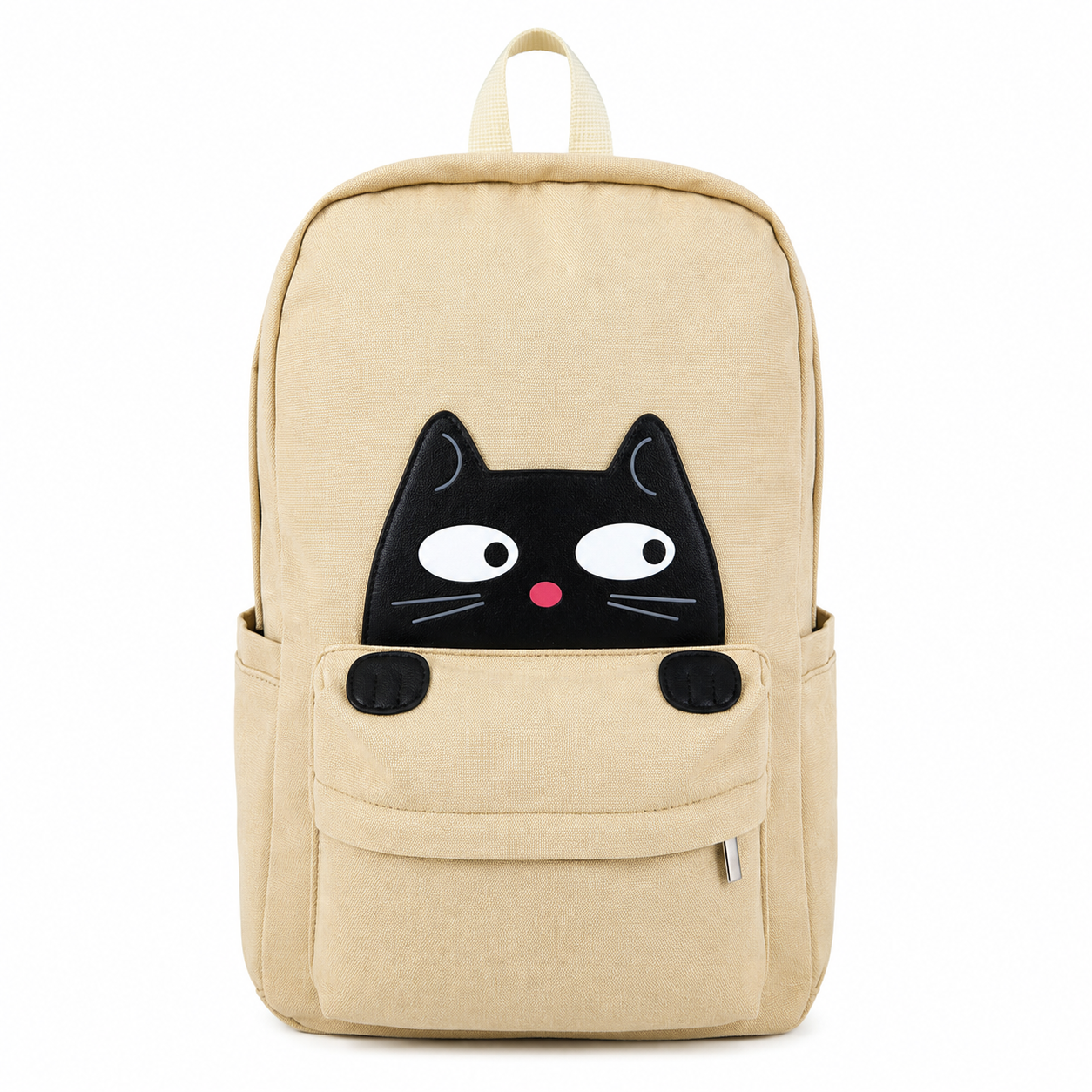 Cat Canvas School & Travel Backpack with adorable black cat applique on a beige canvas backpack, front view on a white background.