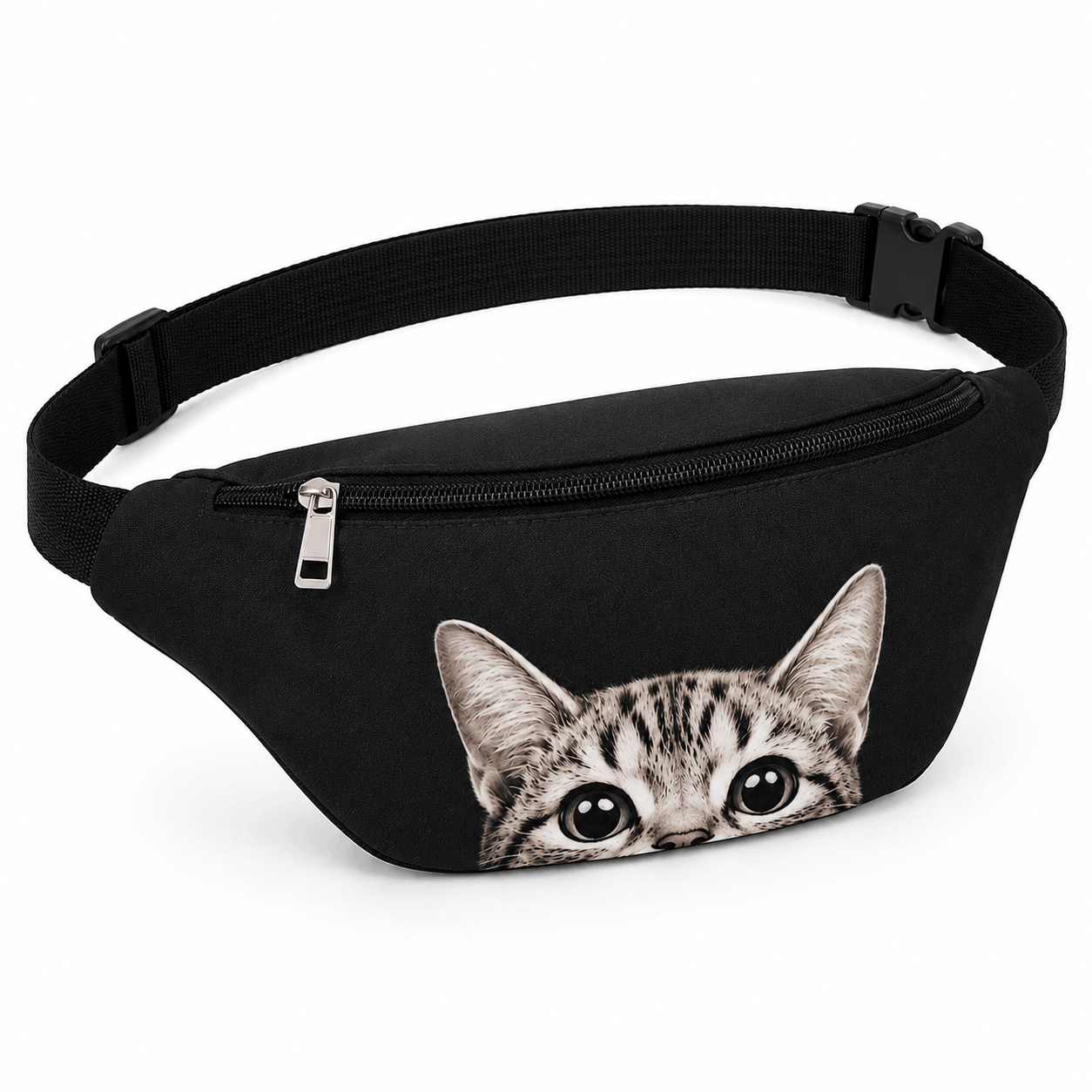 Angled view of cute cat waist bag with adjustable strap