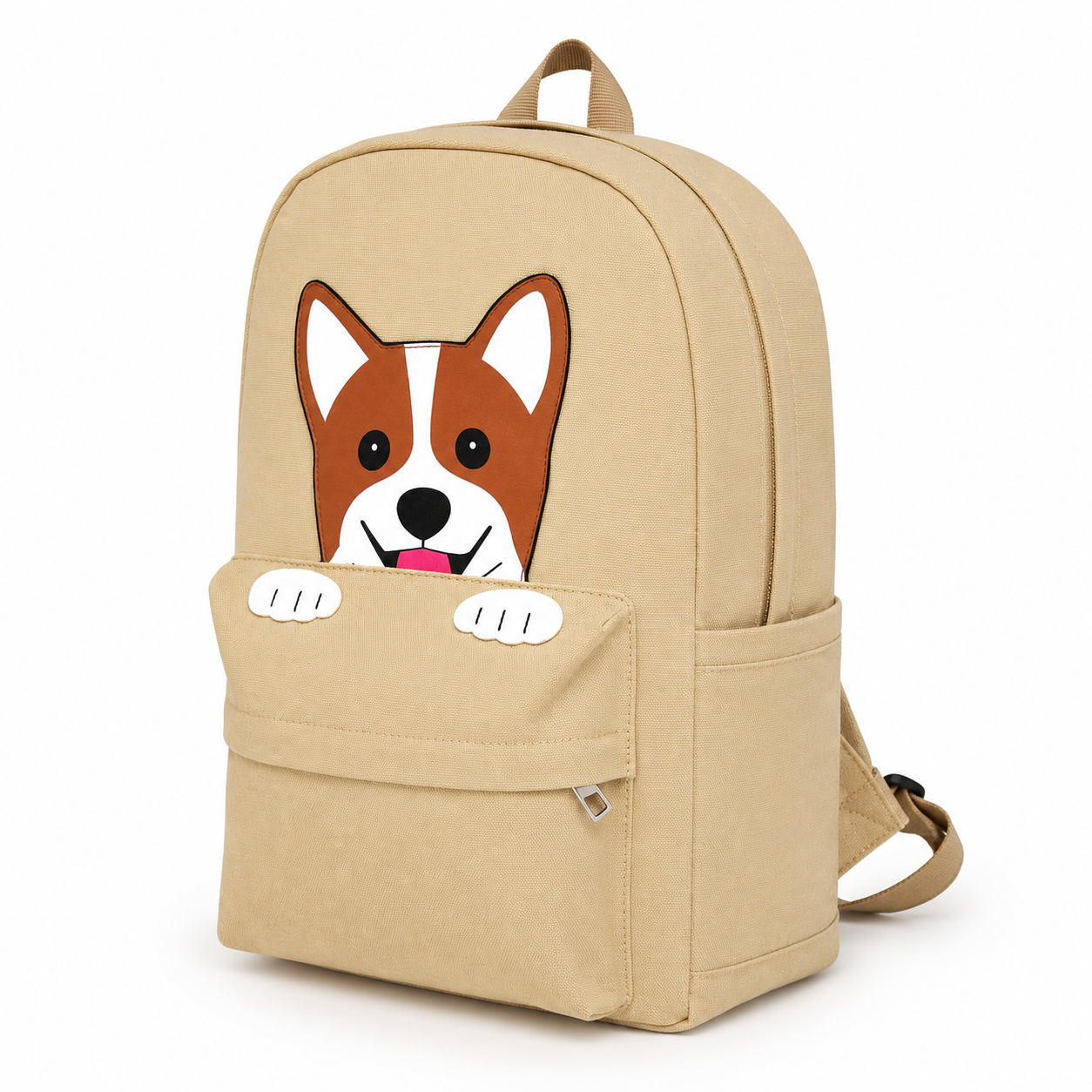 Angled view of the Corgi canvas backpack showing the front design, side pocket, and durable canvas construction.