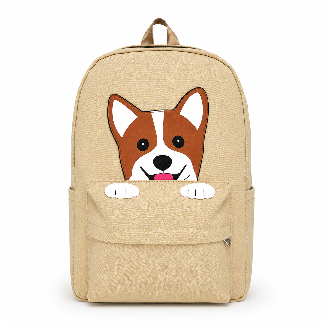 Adorable Corgi canvas backpack with front zipper pocket on a white background.