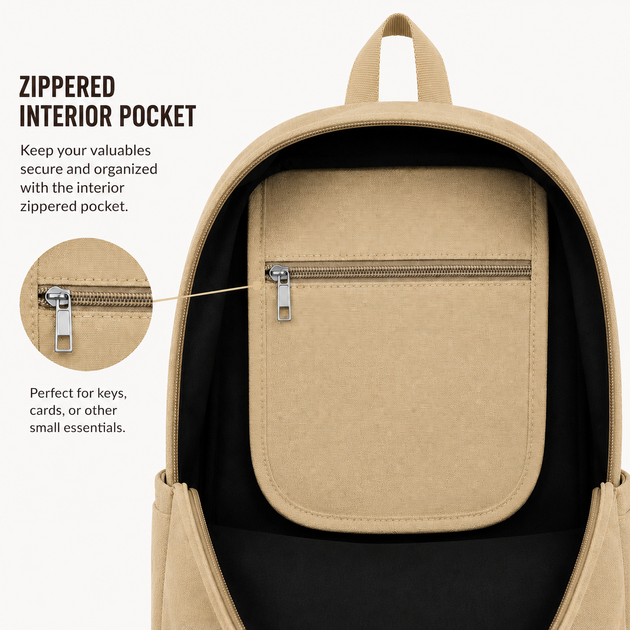 Interior zippered pocket of the Corgi backpack for organizing keys, cards, and small essentials.