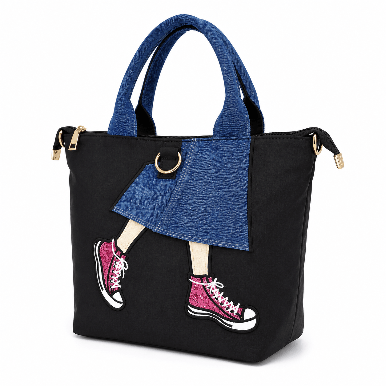 Angled view of black denim skirt tote bag with denim skirt and pink sneaker design