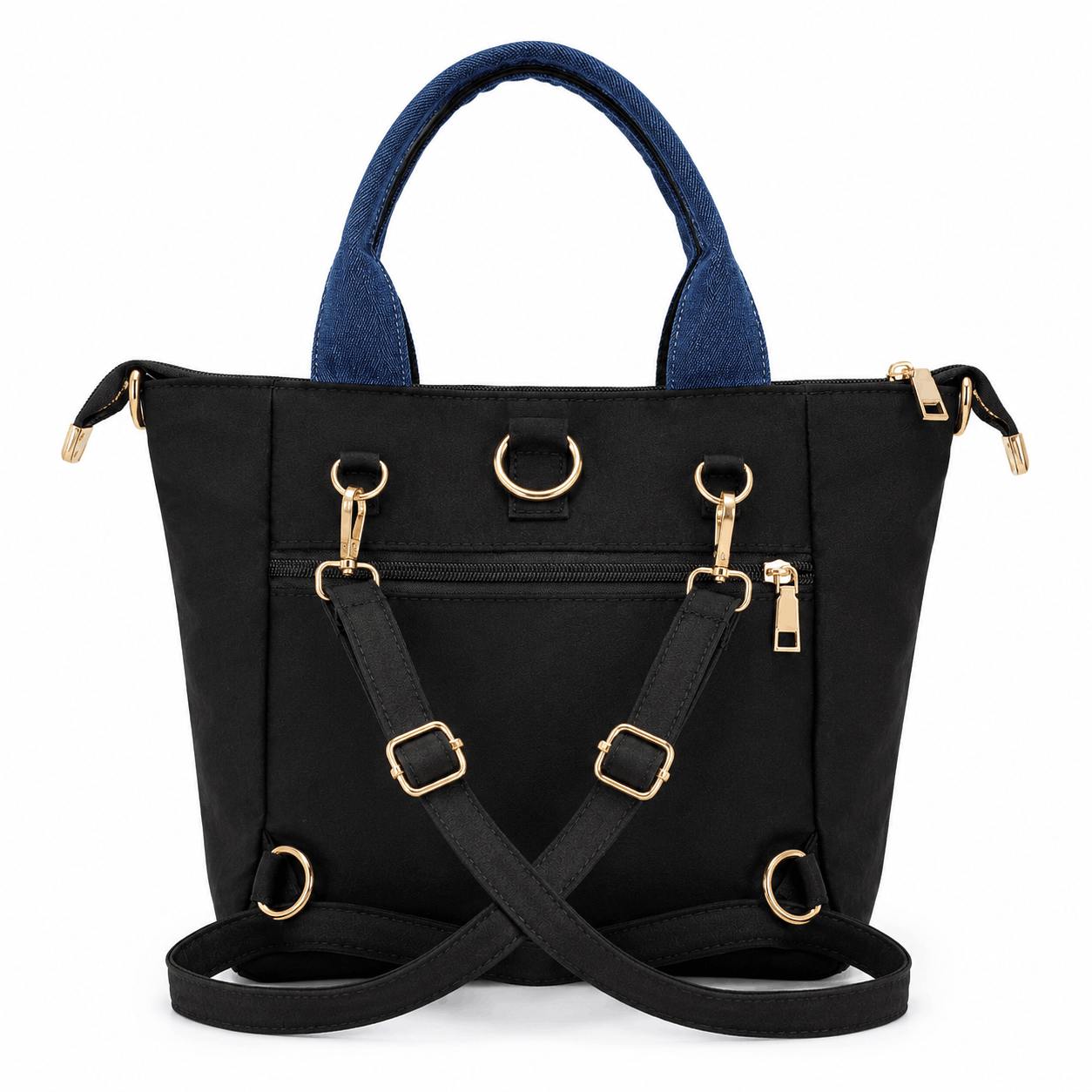 Back view of black convertible denim skirt tote bag showing backpack conversion hardware