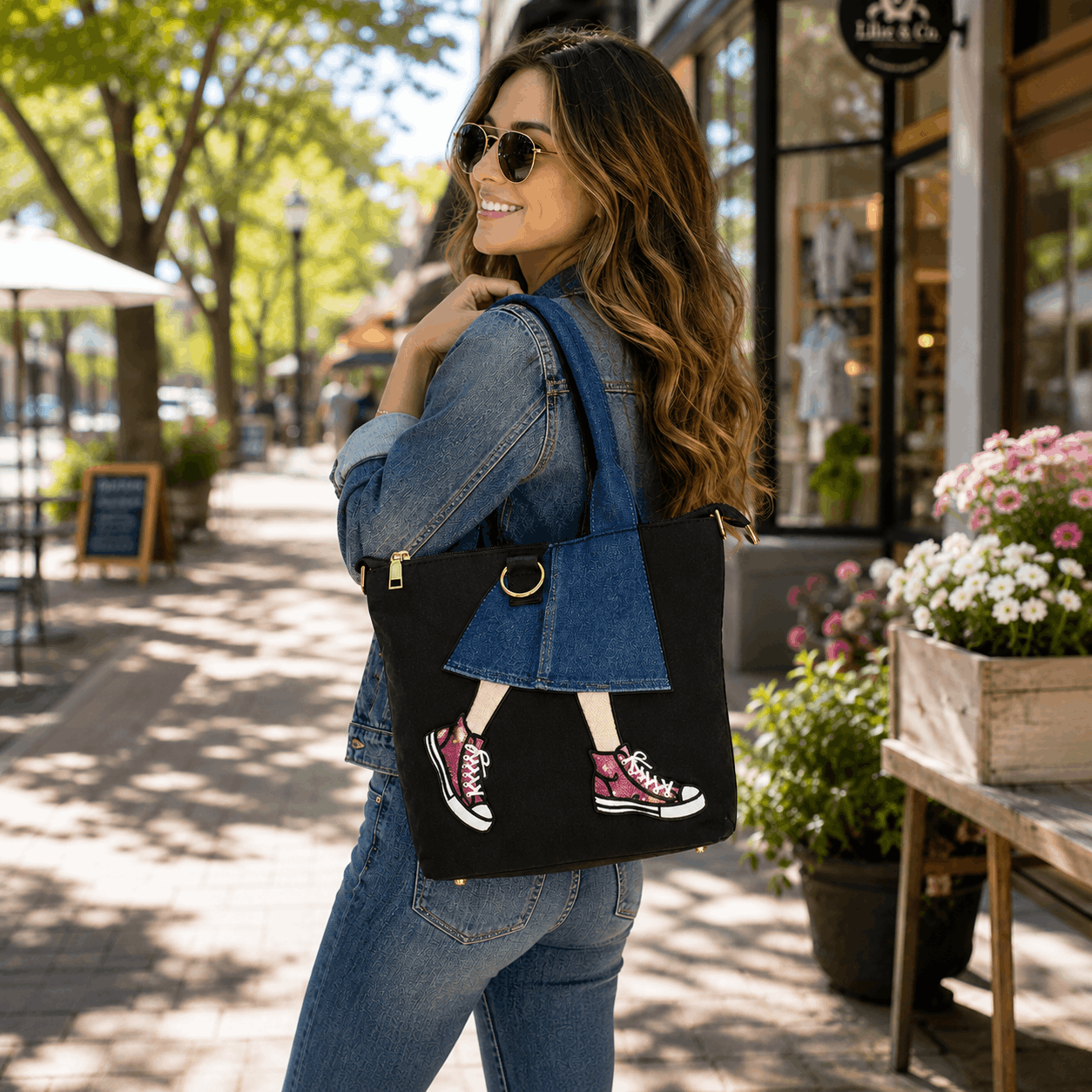 Woman carrying black denim skirt tote bag while walking through a sunny shopping district