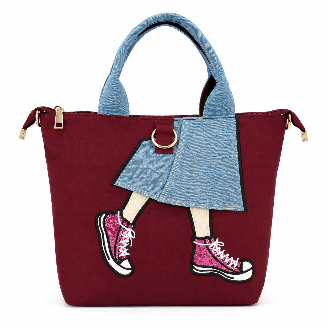 Burgundy denim skirt tote bag with denim handles and silver sequin sneakers front view