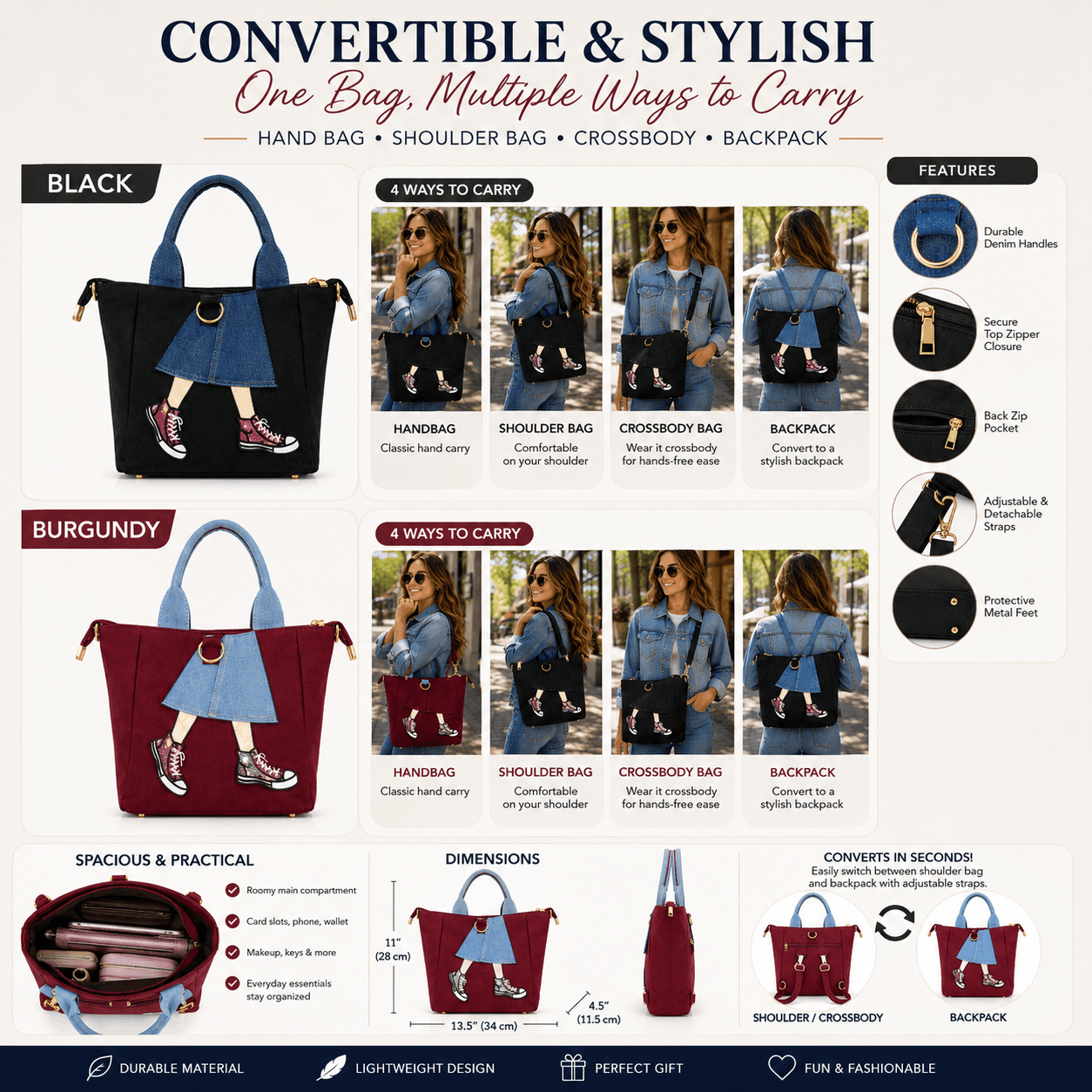 Product infographic showing black and burgundy denim skirt tote bag features, dimensions, storage, and convertible carrying options