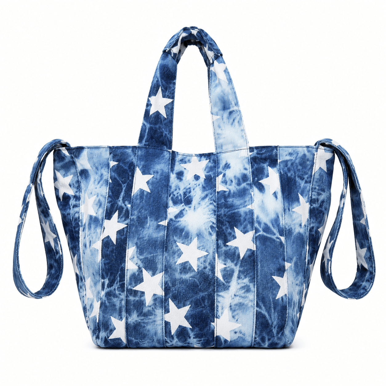 Denim Stars Tote Bag front view with blue tie-dye fabric and white star print