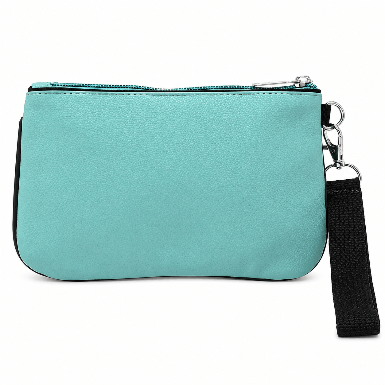Back view of a teal fox wristlet showing the plain textured vinyl exterior and detachable wrist strap.