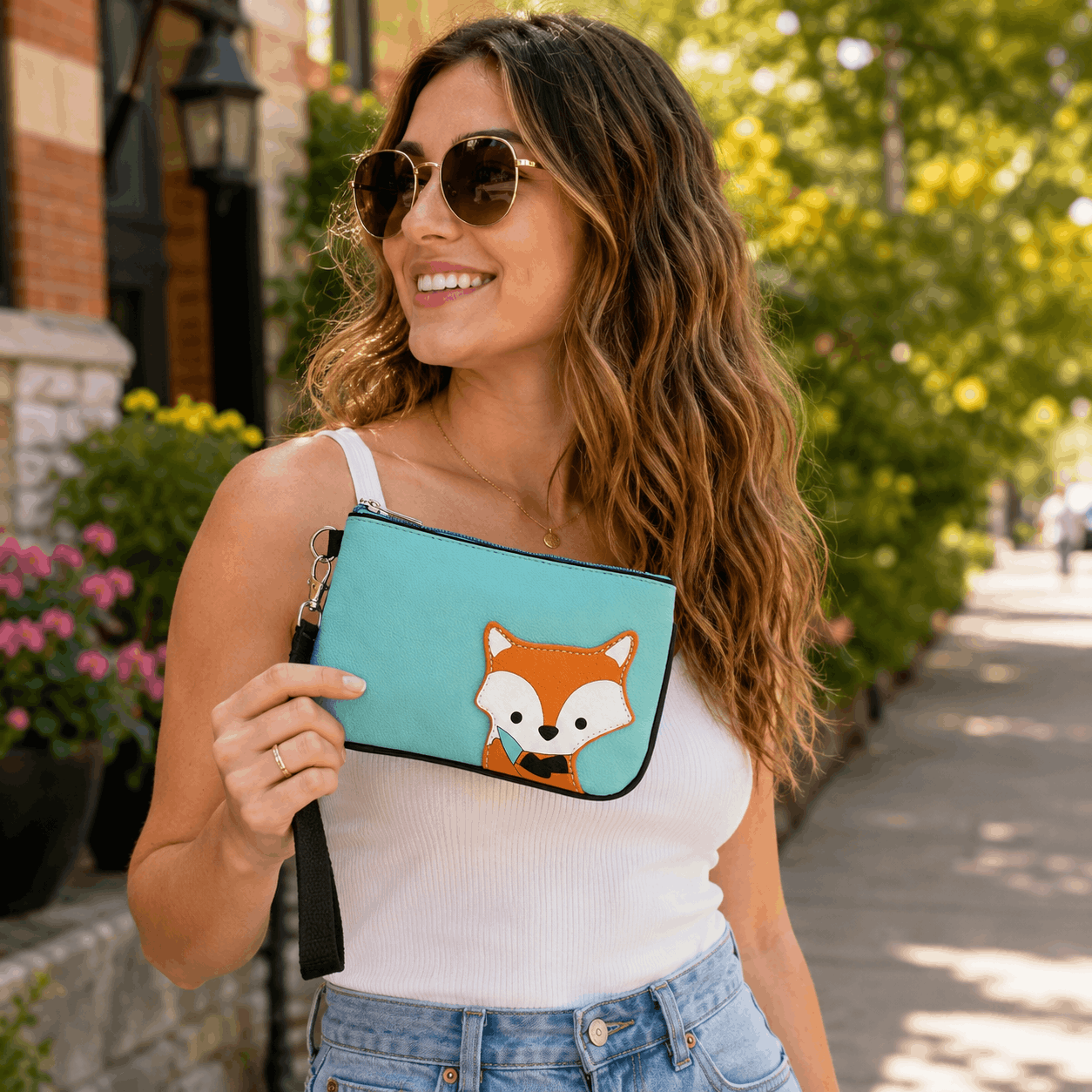 Woman holding a teal fox wristlet while walking outdoors, showing its compact size and playful animal design.