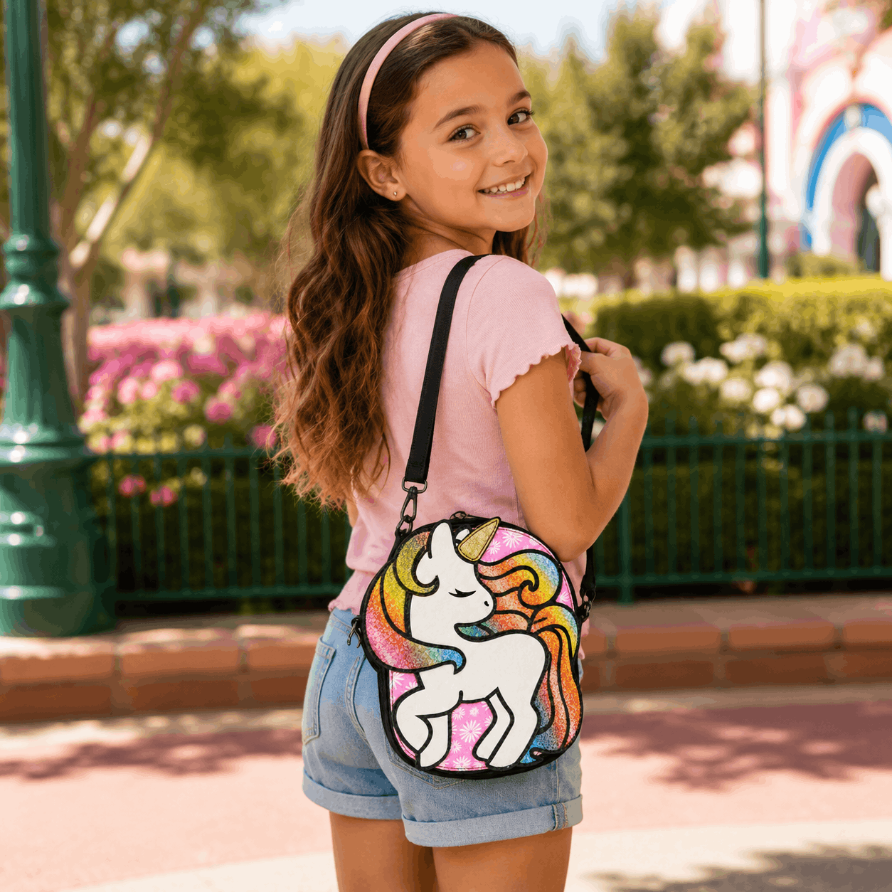 Child wearing the Glitter Unicorn Crossbody Bag outdoors at a theme park