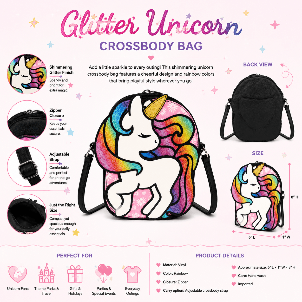 Infographic highlighting the Glitter Unicorn Crossbody Bag features, dimensions, adjustable strap, and zipper closure