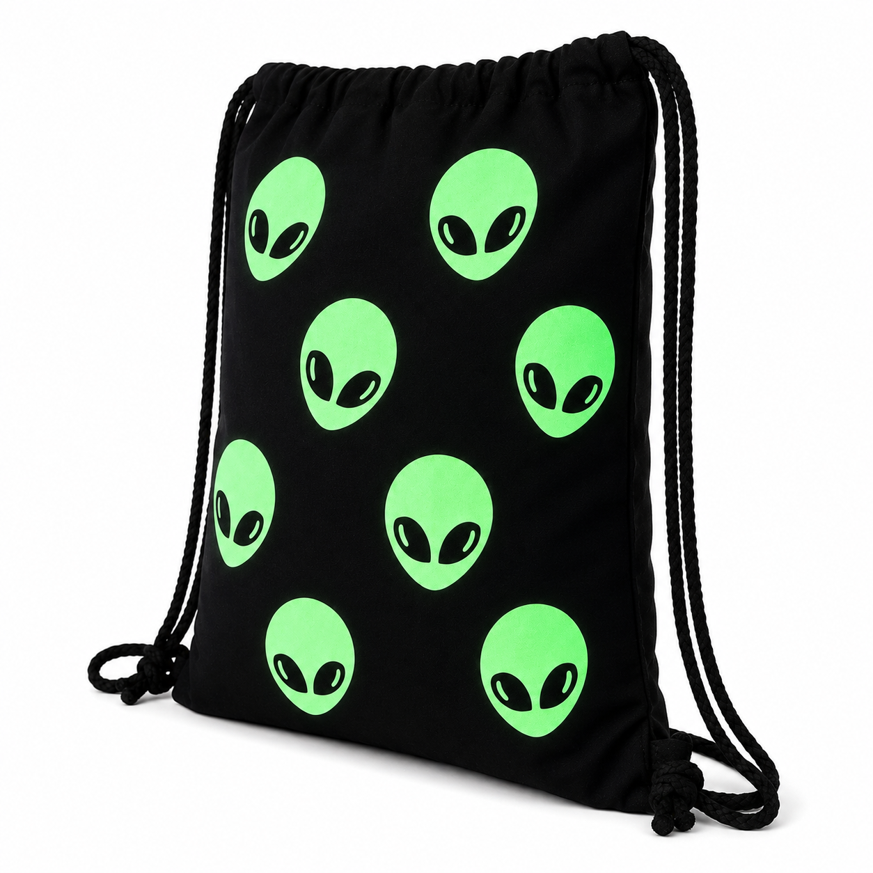 Angled view of the Glow-in-the-Dark Alien Drawstring Bag with green alien artwork and black drawstring straps