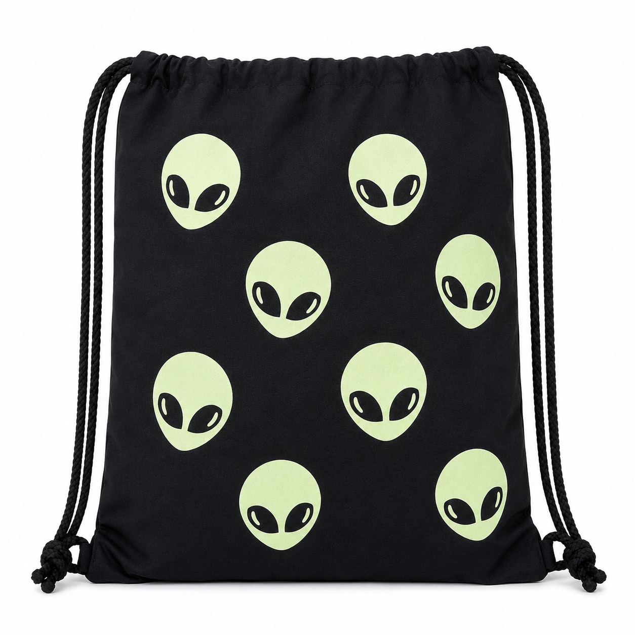 Alien Drawstring Bag in daylight showing the pale green alien print before glowing