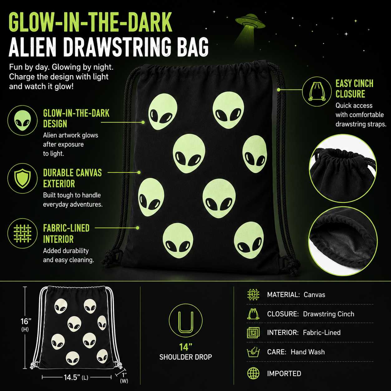 Glow-in-the-Dark Alien Drawstring Bag features including canvas exterior, lined interior, cinch closure, and dimensions
