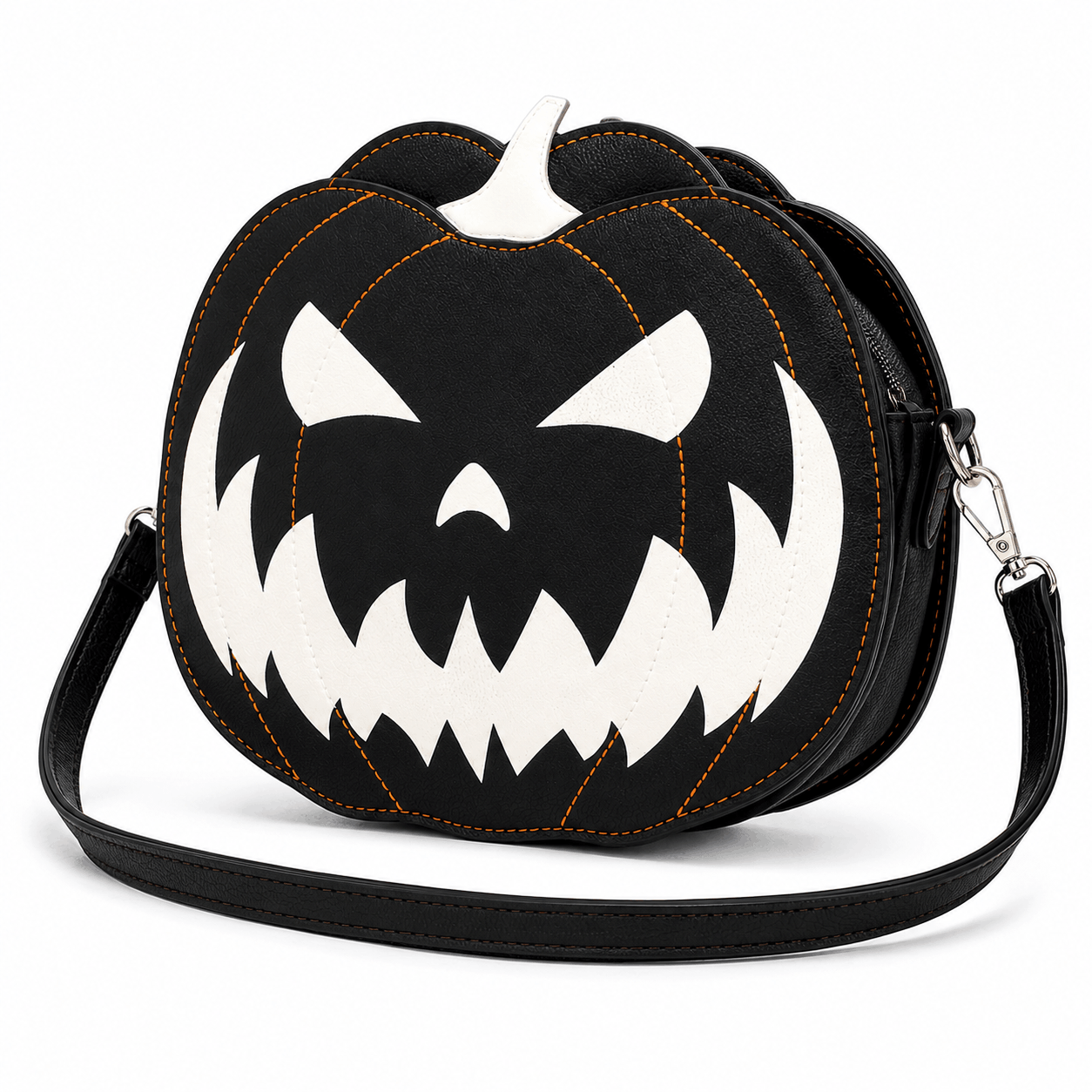 Angled view of a glow-in-the-dark pumpkin crossbody bag with orange contrast stitching
