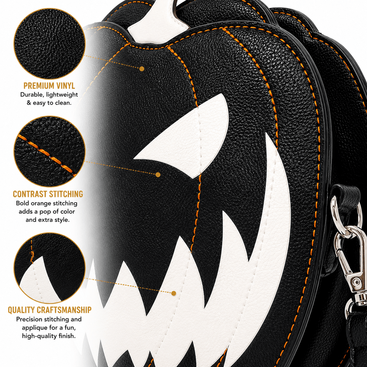Close-up of the orange contrast stitching and textured vinyl on the glow-in-the-dark pumpkin crossbody bag