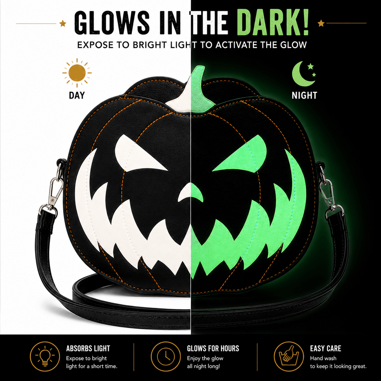 Side-by-side comparison of the pumpkin crossbody bag in normal light and glowing in the dark