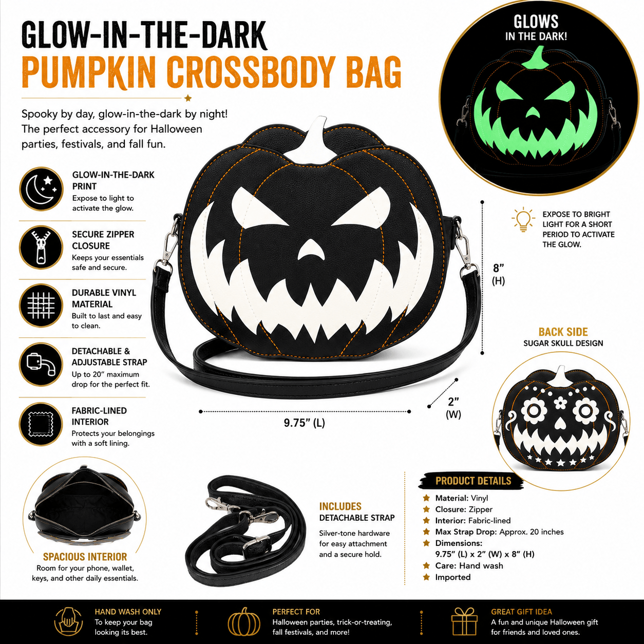 Product infographic highlighting the features, dimensions, and glow-in-the-dark design of the pumpkin crossbody bag