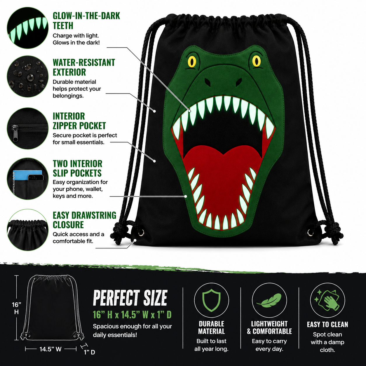 Feature infographic highlighting the Glow-in-the-Dark T-Rex Drawstring Backpack with interior pockets, water-resistant exterior, glowing teeth, and dimensions