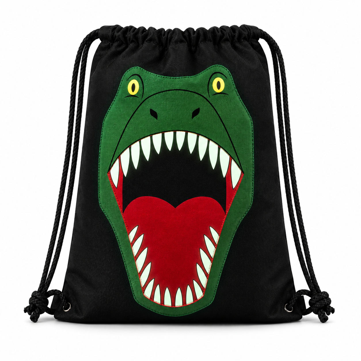 Glow-in-the-Dark T-Rex Drawstring Backpack with glowing dinosaur teeth on a black water-resistant backpack