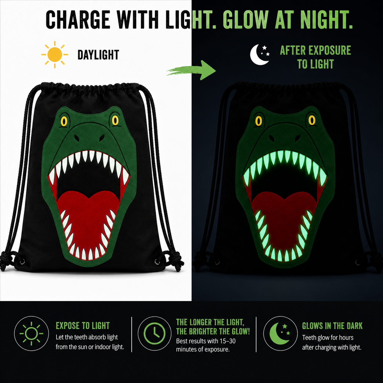 Comparison of the Glow-in-the-Dark T-Rex Drawstring Backpack in daylight and after exposure to light showing glowing dinosaur teeth