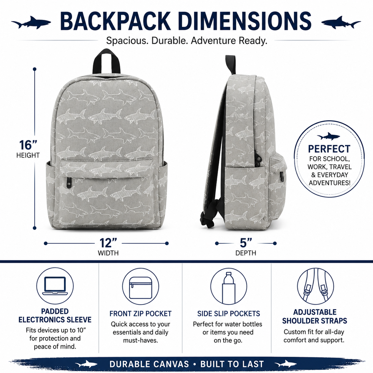 Great White Shark backpack dimensions showing 12 x 5 x 16 inch measurements and key features
