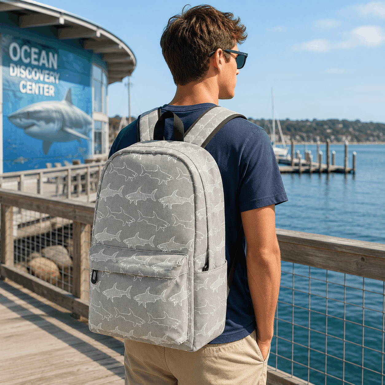 Person wearing a Great White Shark backpack outdoors near the coast