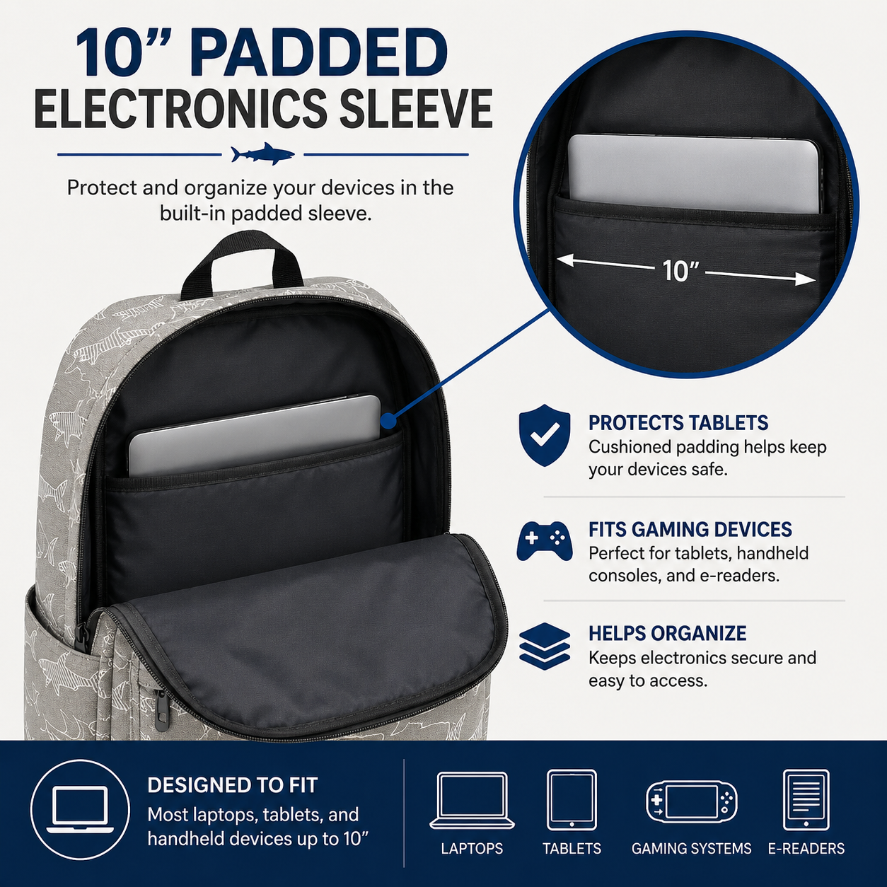 Great White Shark backpack interior featuring a padded 10-inch electronics sleeve