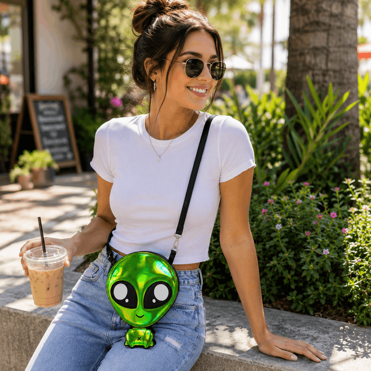 Woman wearing a green holographic alien crossbody bag at an outdoor café