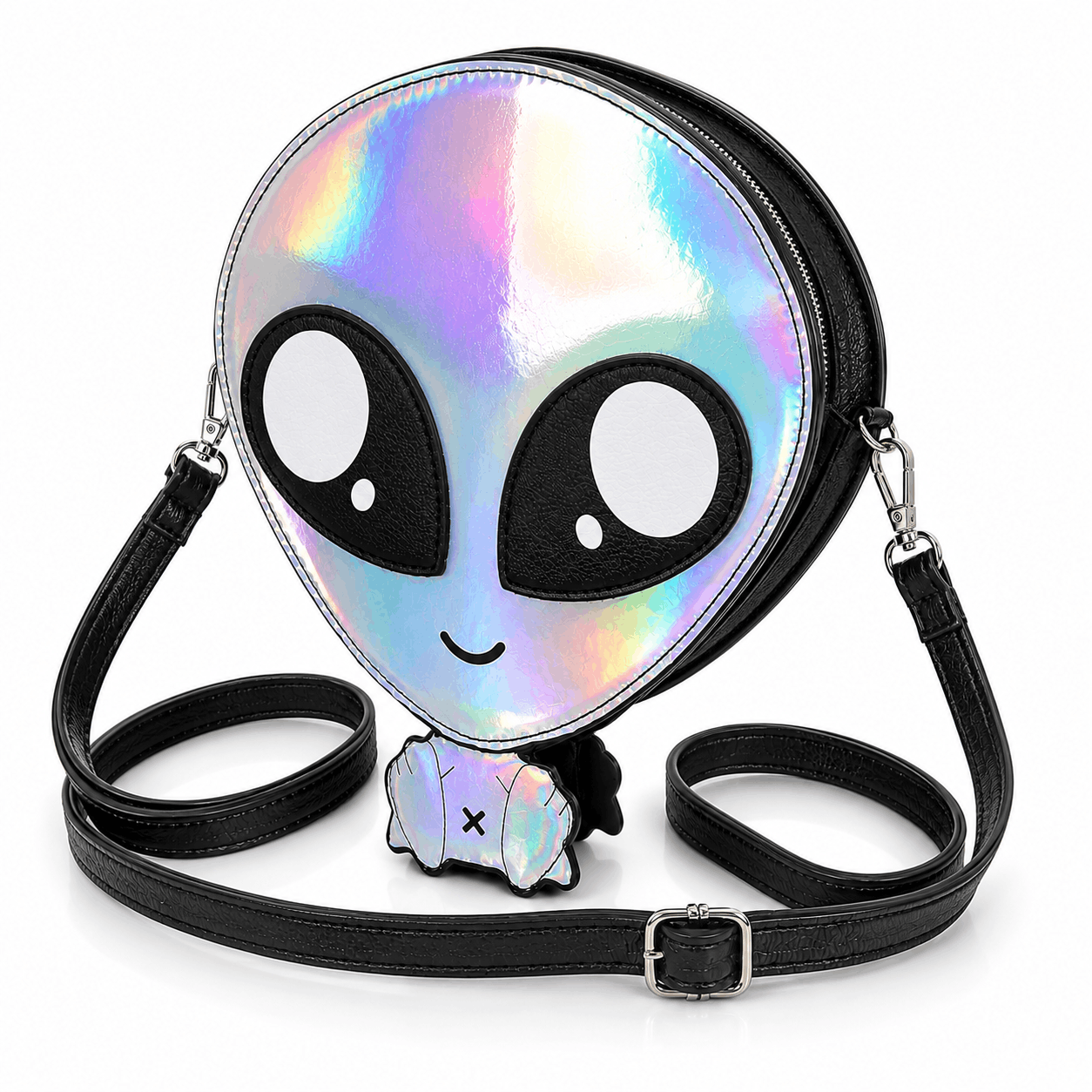 Angled view of a silver holographic alien crossbody bag with adjustable shoulder strap