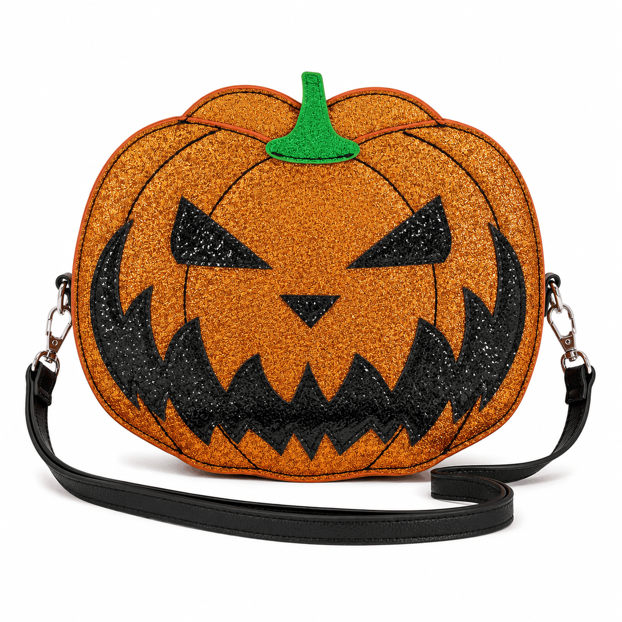 Jack-O'-Lantern Crossbody Bag with orange glitter finish on a white background