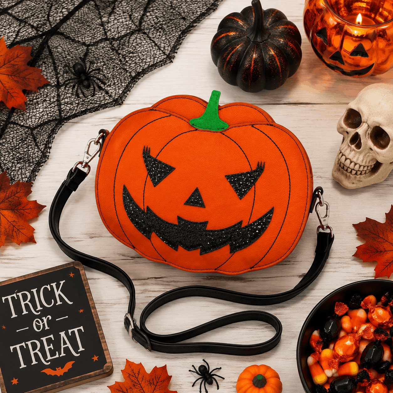 Jack-O'-Lantern Crossbody Bag displayed with Halloween decorations in a seasonal flat lay