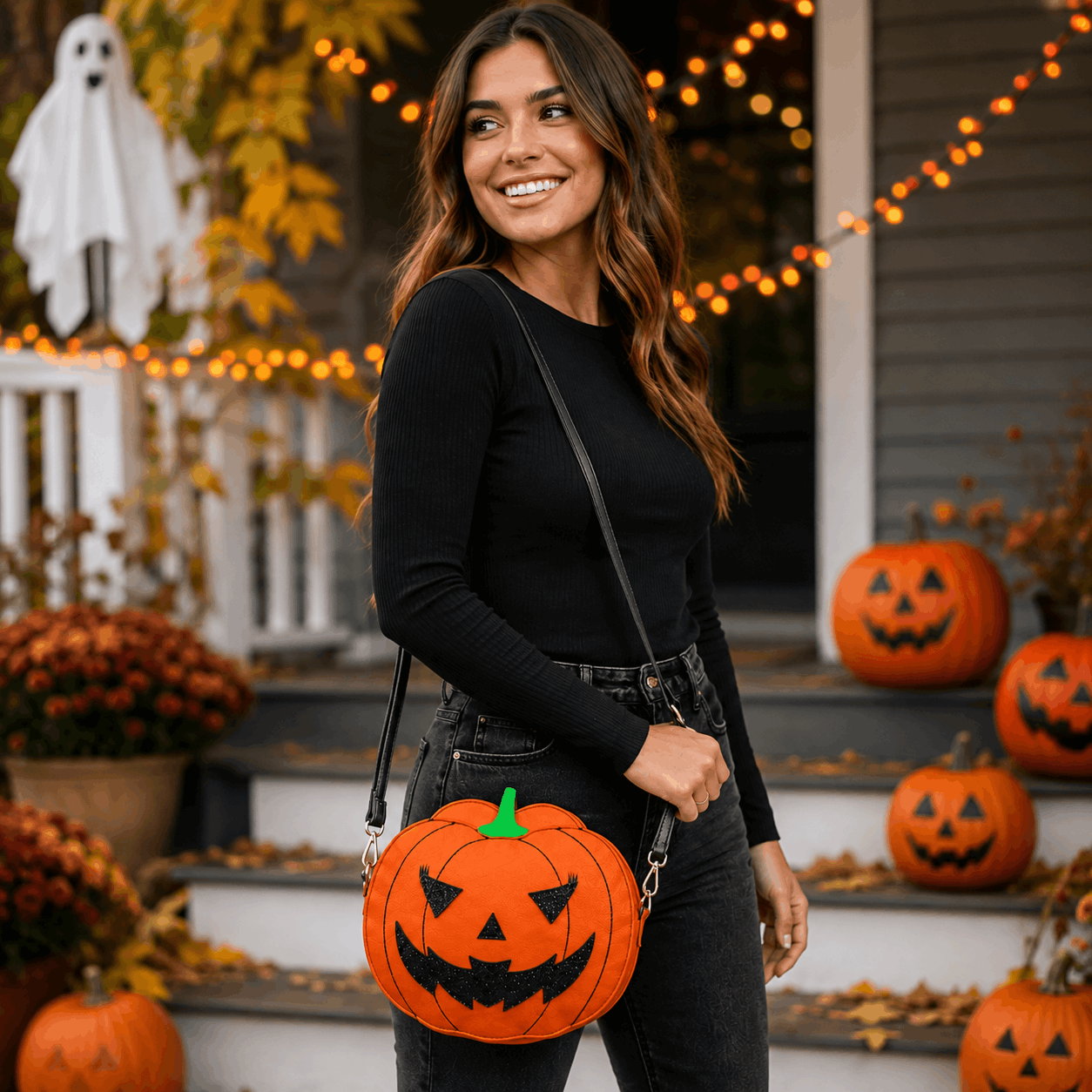 Jack-O'-Lantern Crossbody Bag worn as a crossbody purse with a Halloween outfit