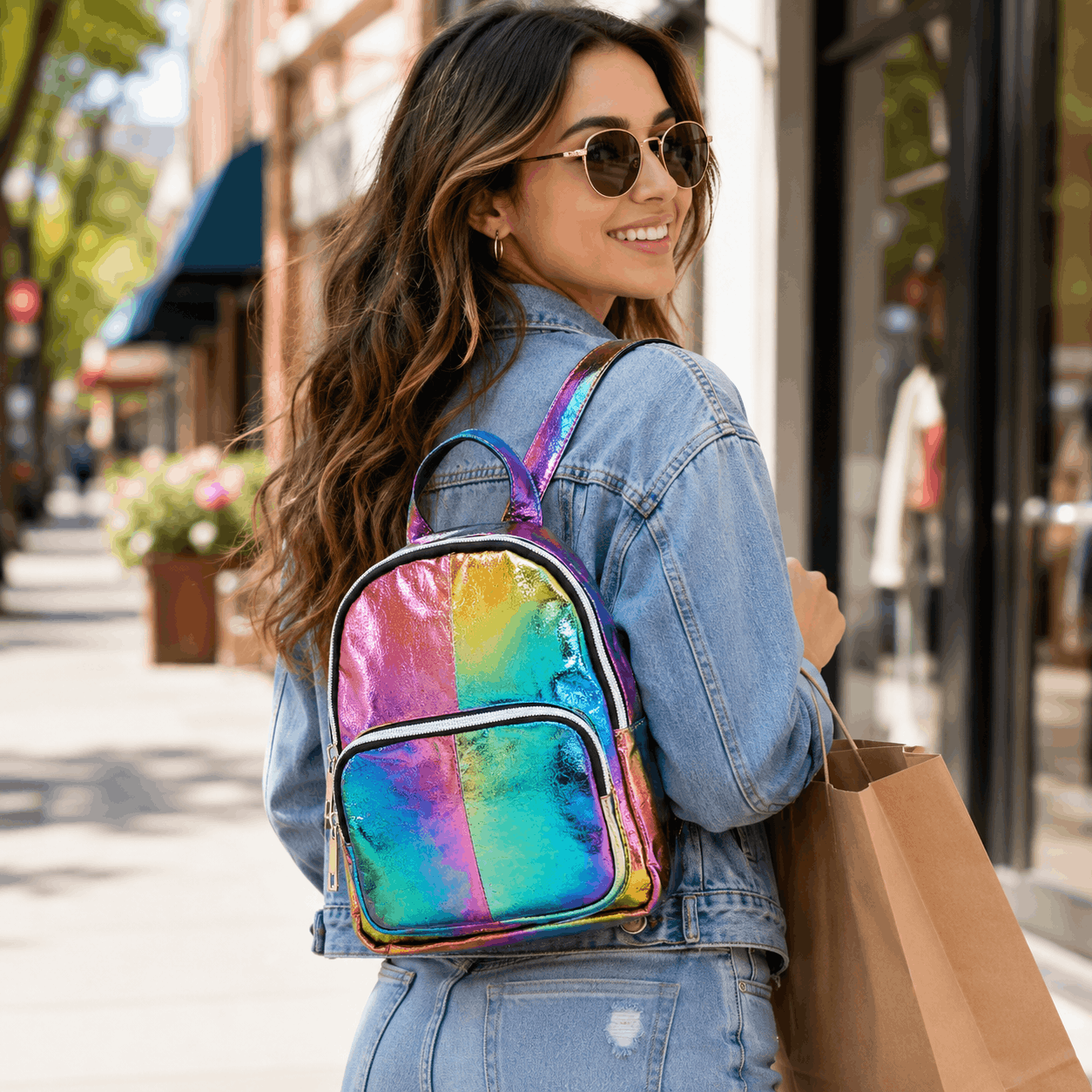 Young woman wearing an iridescent rainbow mini convertible backpack while shopping in a downtown setting.