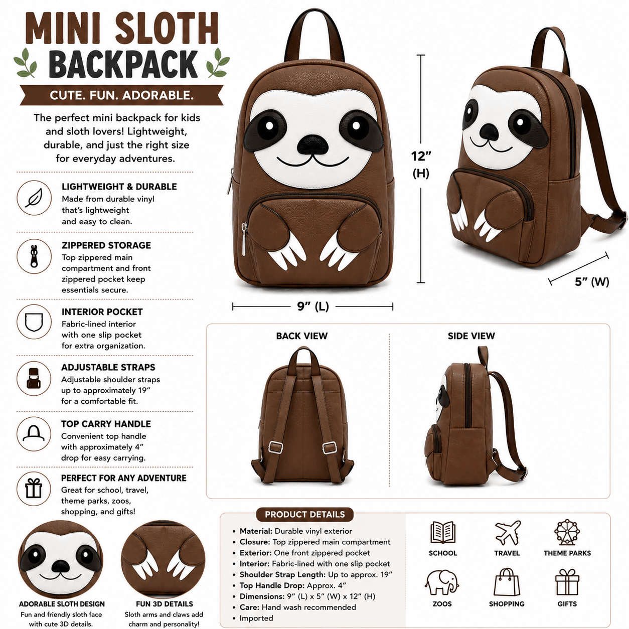 Mini sloth backpack infographic showing dimensions, features, and multiple product views