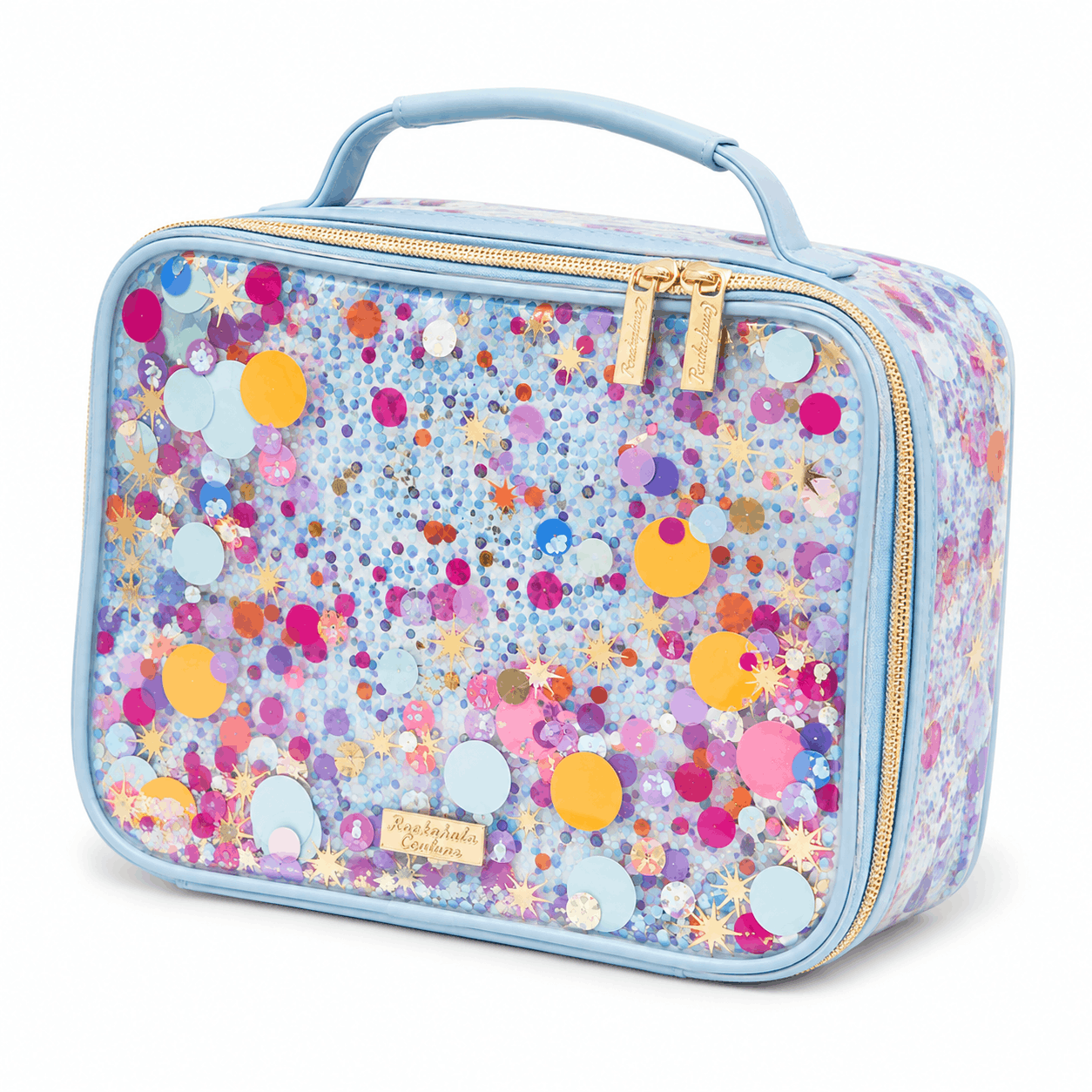 Multicolor confetti insulated lunch box shown from a 45-degree angle featuring pastel blue trim, gold-tone zipper, and colorful confetti design on a white background.
