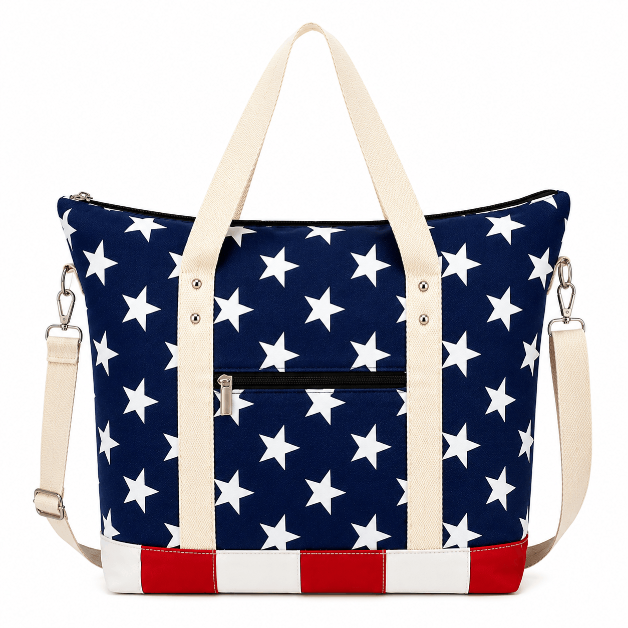 Back view of patriotic canvas tote bag with exterior zip pocket