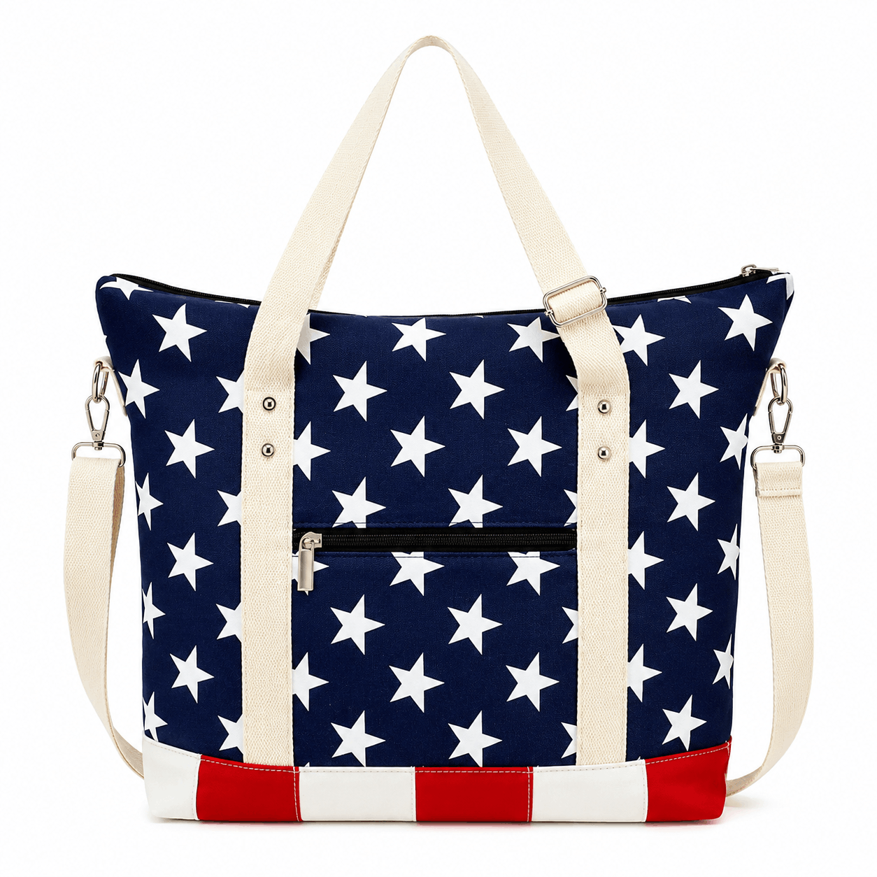 Patriotic canvas tote bag with adjustable shoulder strap and zip closure