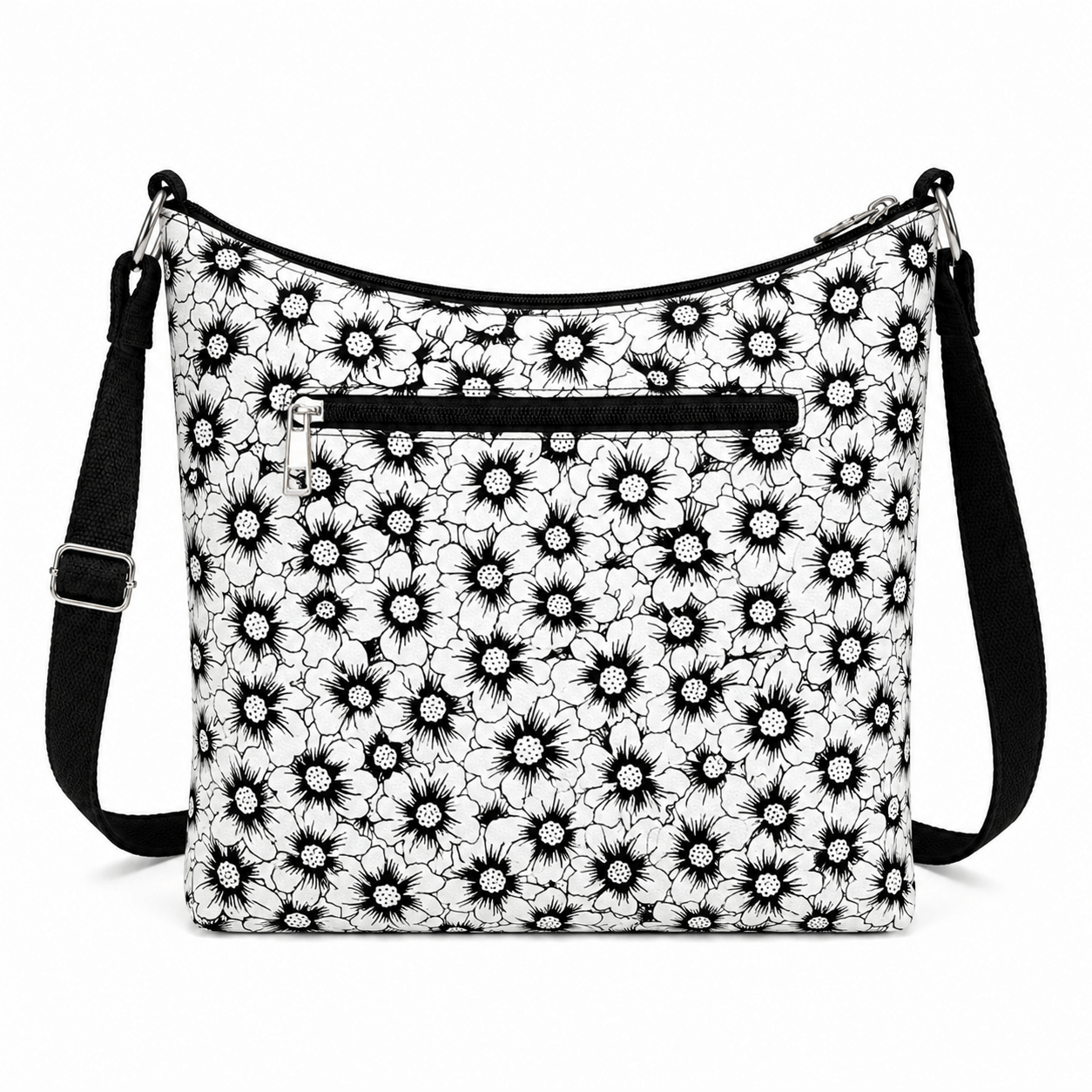 Back view of the peekaboo cat floral canvas shoulder bag with zippered pocket